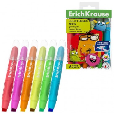 Мелки гелевые ErichKrause Jolly Friends Neon, 6 цветов, экстрамягкие, выкручивающийся корпус