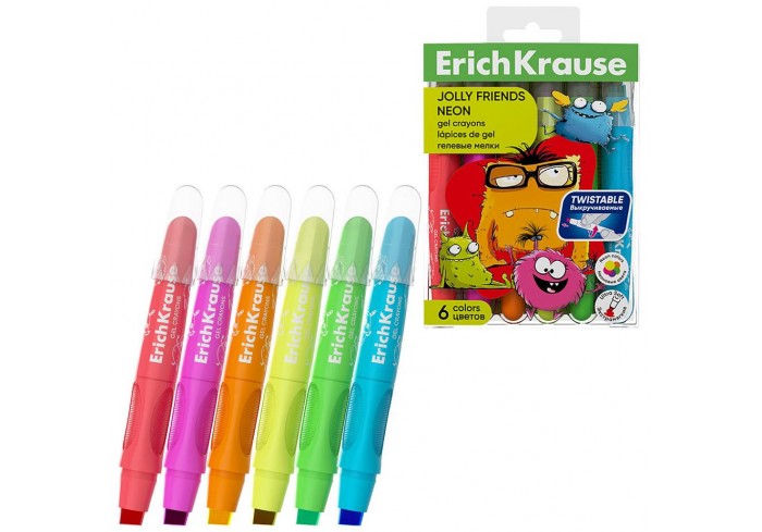 Мелки гелевые ErichKrause Jolly Friends Neon, 6 цветов, экстрамягкие, выкручивающийся корпус