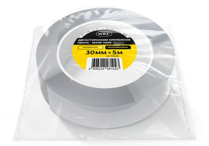 Многоразовая двухсторонняя прозрачная крепежная лента Скотч NANO tape 5 м x 3 см, толщина 1 мм, WBZ,