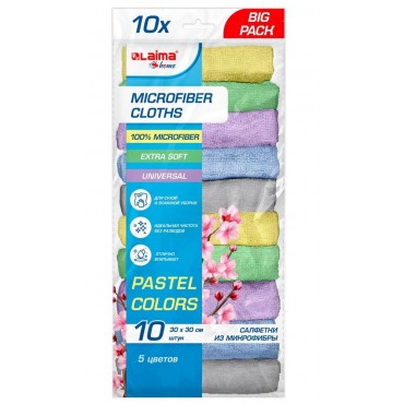 Салфетки из МИКРОФИБРЫ 30х30 см PASTEL COLOUR, big pack, КОМПЛЕКТ 10 штук, 180 г/м2, LAIMA HOME,