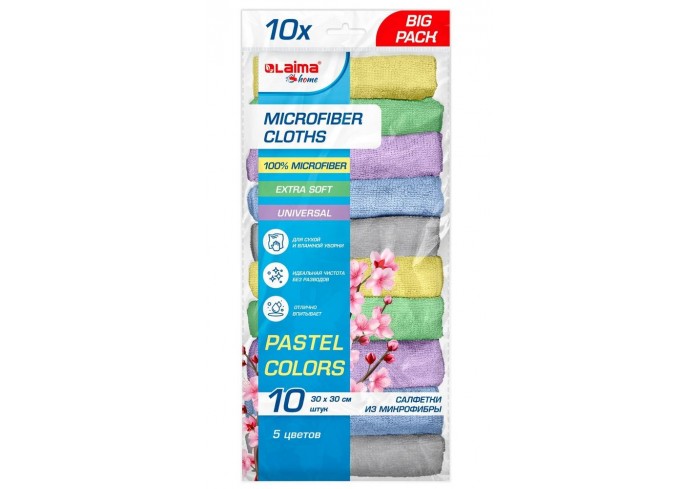 Салфетки из МИКРОФИБРЫ 30х30 см PASTEL COLOUR, big pack, КОМПЛЕКТ 10 штук, 180 г/м2, LAIMA HOME,