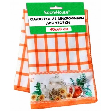 Салфетка из МИКРОФИБРЫ универсальная, 40х60 см, оранжевая клетка, орнамент, 240 г/м2, BOOMHOUSE (БУМ