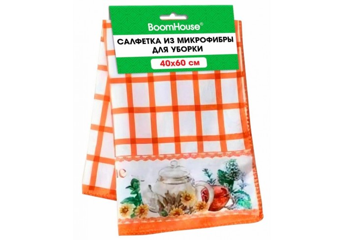 Салфетка из МИКРОФИБРЫ универсальная, 40х60 см, оранжевая клетка, орнамент, 240 г/м2, BOOMHOUSE (БУМ