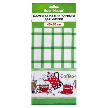 Салфетка из МИКРОФИБРЫ универсальная, 40х60 см, зеленая клетка, орнамент, 240 г/м2, BOOMHOUSE (БУМХА