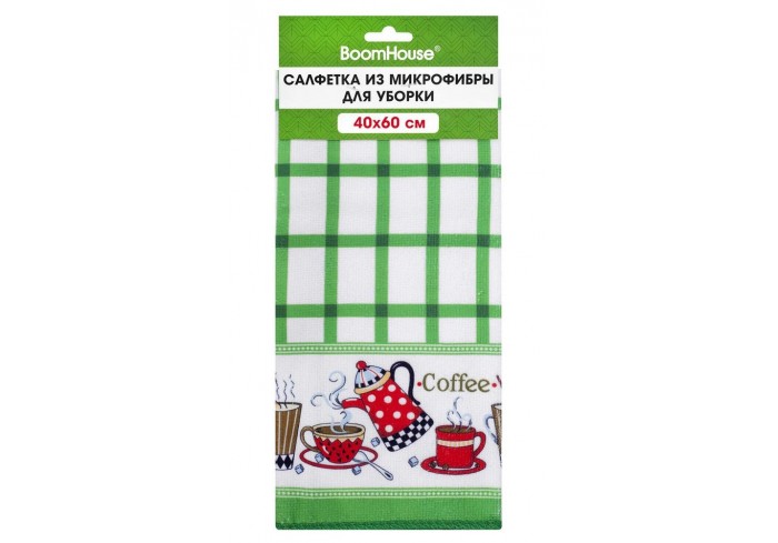 Салфетка из МИКРОФИБРЫ универсальная, 40х60 см, зеленая клетка, орнамент, 240 г/м2, BOOMHOUSE (БУМХА