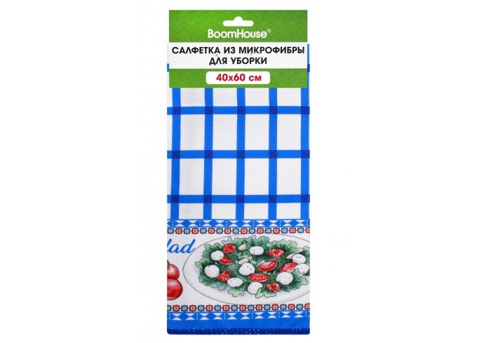 Салфетка из МИКРОФИБРЫ универсальная, 40х60 см, синяя клетка, орнамент, 240 г/м2, BOOMHOUSE (БУМХАУС