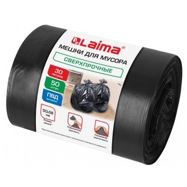 Мешки для мусора 30 л, черные, в рулоне 50 штук, сверхпрочные, ПВД 30 мкм, 50x58 см, LAIMA,