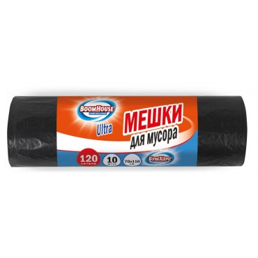 Мешки для мусора 120 л, черные, в рулоне 10 штук, особо прочные, ПВД 50 мкм, 70x110 см, серия ULTRA,