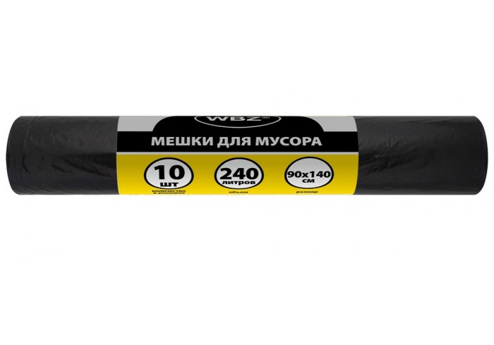 Мешки для мусора 240 л, черные в рулоне 10 штук, ПВД 80 мкм, 90x140 см, WBZ,