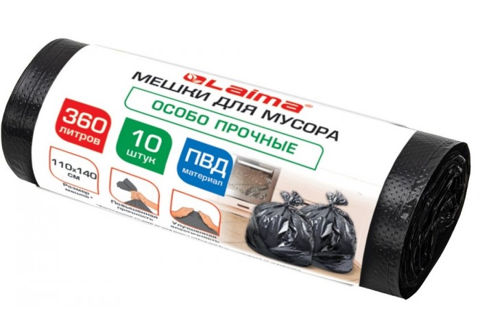 Мешки для мусора 360 л, черные в пласте 10 штук особо прочные, ПВД 60 мкм, 110x140 см, LAIMA,