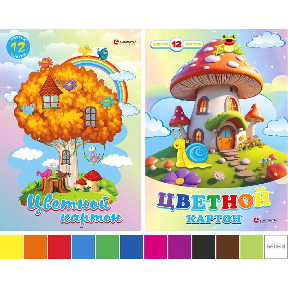 Картон цветной немелованный  12л. 12 цв. А4 в папке Сказки, 2 дизайна