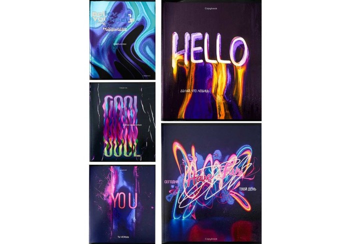 Тетрадь клетка А5 96л. НАДПИСИ В НЕОНЕ, 5дизайнов, твин-лак, холодное тиснение