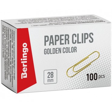 Скрепки 28мм, Berlingo, 100шт., золотистые, карт. упаковка