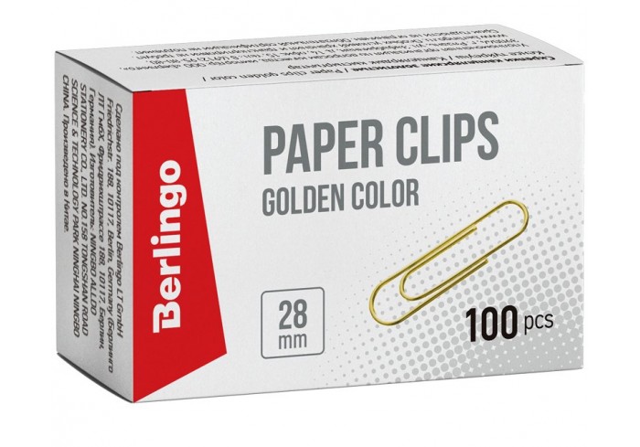 Скрепки 28мм, Berlingo, 100шт., золотистые, карт. упаковка