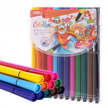 Фломастеры 12 цветов, в пенале, «ColoRun», легко смываются водой, Deli