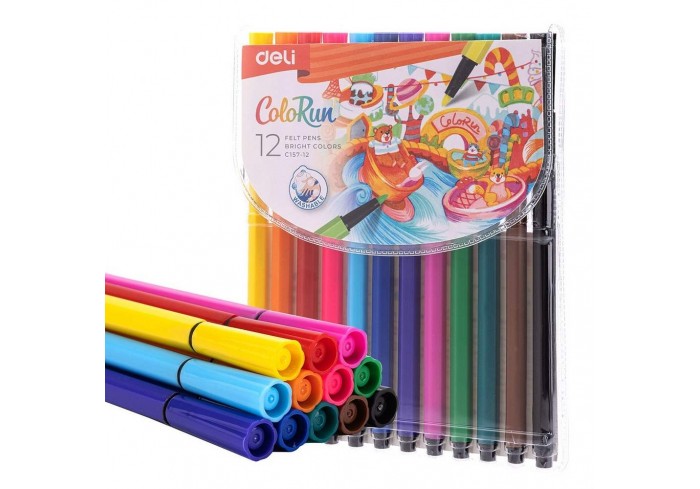 Фломастеры 12 цветов, в пенале, «ColoRun», легко смываются водой, Deli