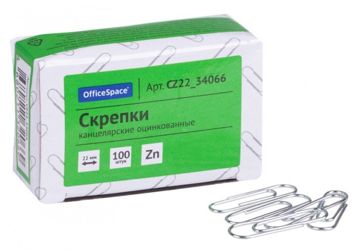 Скрепки 22мм, OfficeSpace, 100шт., оцинкованные, карт. упак.