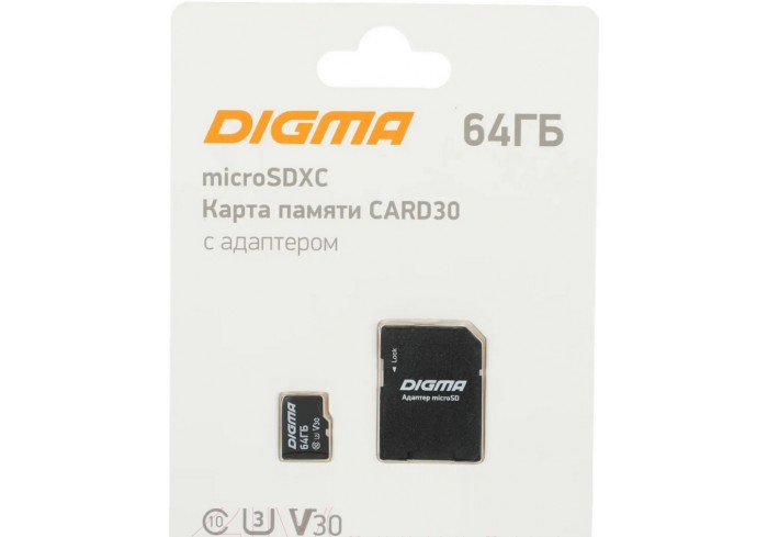 Флеш карта microSDXC 64GB Digma CARD30 V30 + adapter