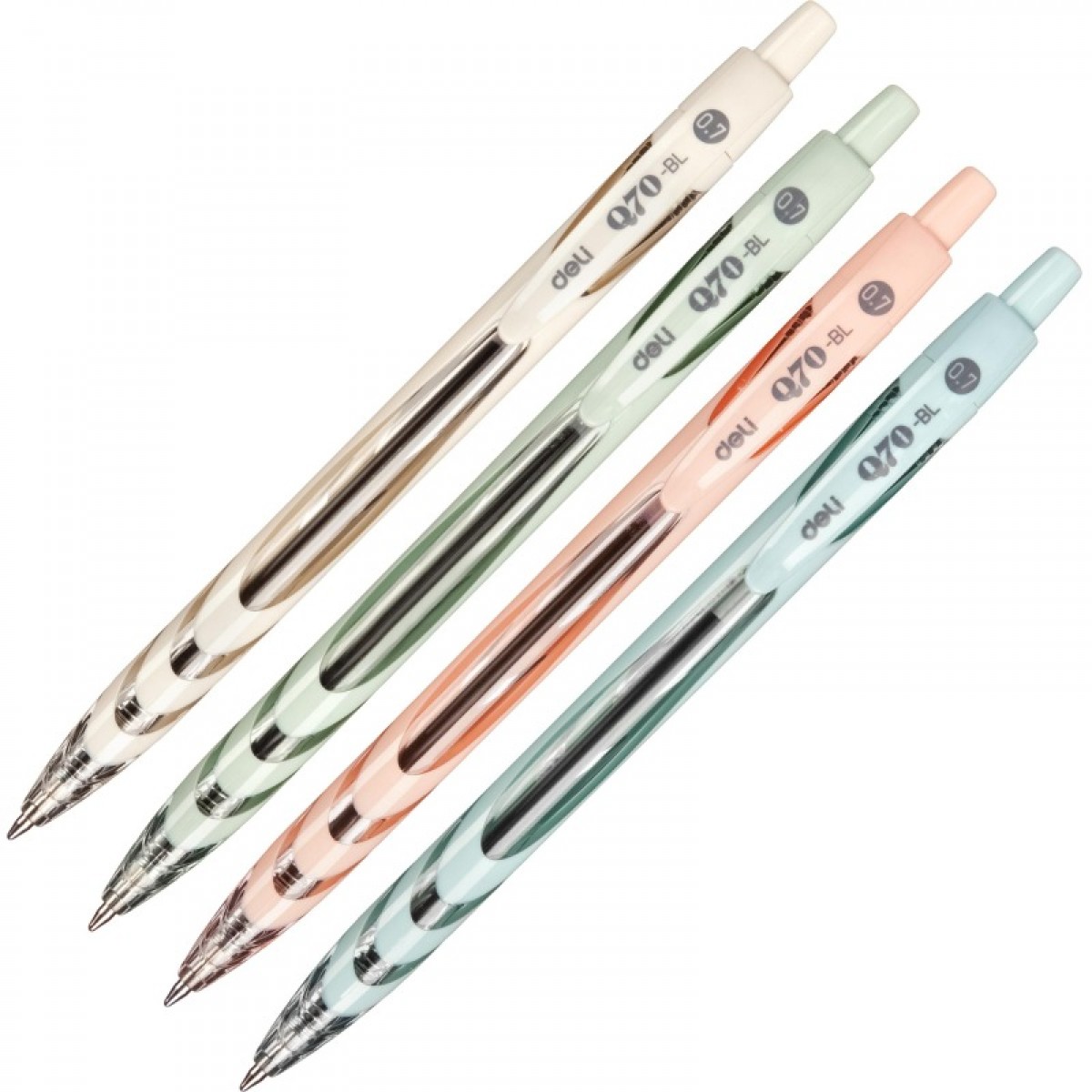 Ручка шариковая автомат. Deli  шарик 0,7мм/0,45, нескольз, чернила синие пониж.вязкости, цвета в асс