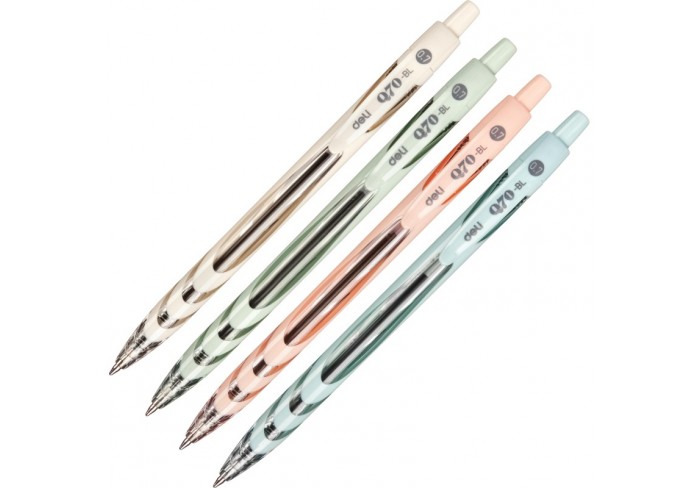 Ручка шариковая автомат. Deli  шарик 0,7мм/0,45, нескольз, чернила синие пониж.вязкости, цвета в асс