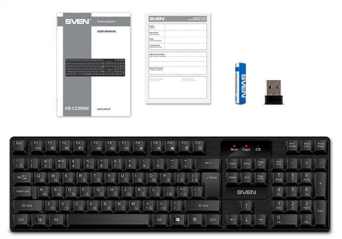 Клавиатура беспроводная SVEN KB-C2300W, USB, 104 клавиши, 2,4 GHz, черная, SV-021474