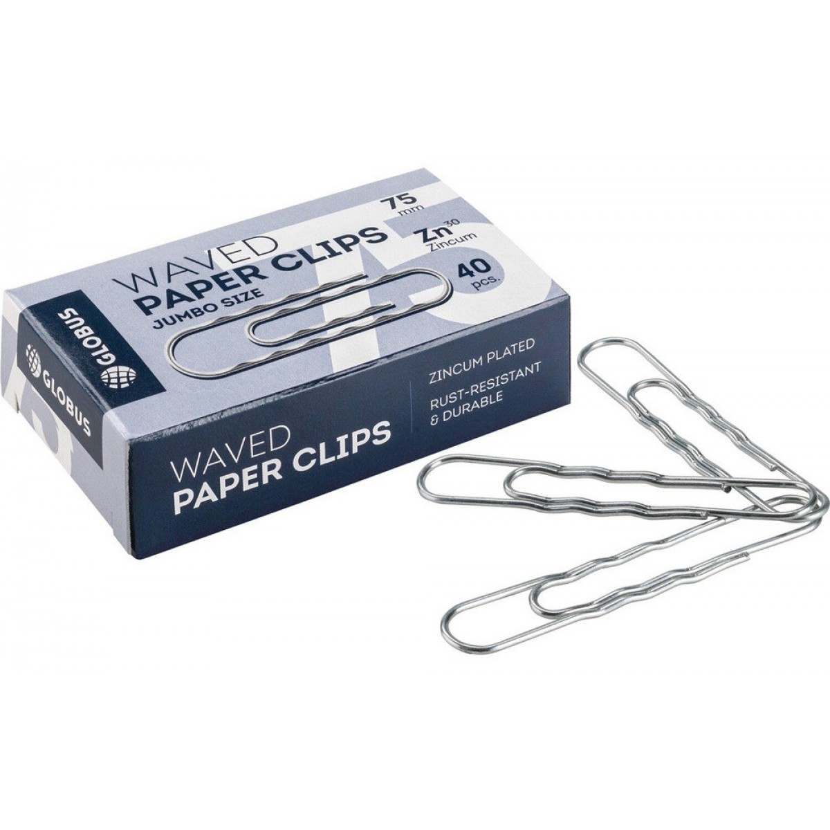 Скрепки большие 75 мм, оцинкованные, гофрированные, 40 шт., в картонной коробке, GLOBUS,