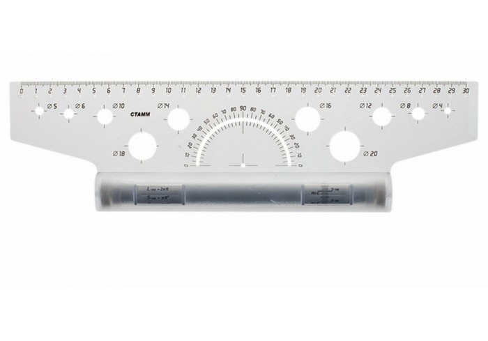 Линейка с роликом (рейсшина) 30 см, металлический ролик, с транспортиром, прозрачная,