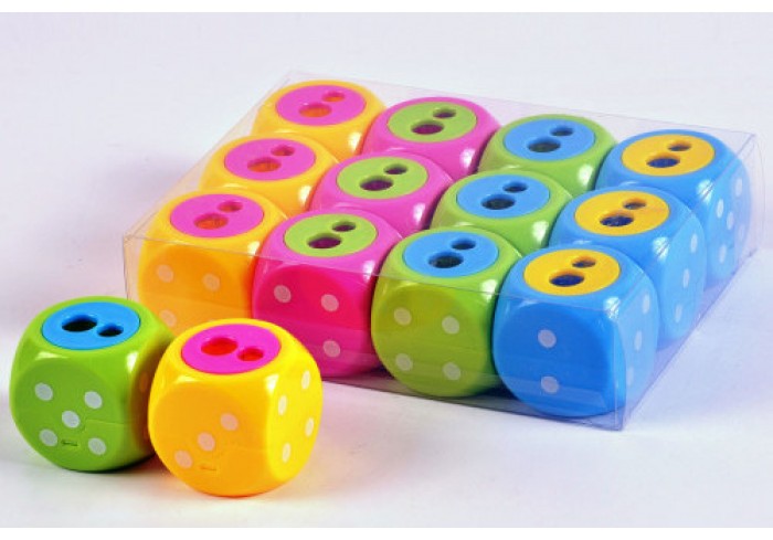 Точилка пластиковая DICE, 2 отверстия для заточки, 4 цвета, с контейнером для стружки, ПВХ-банка