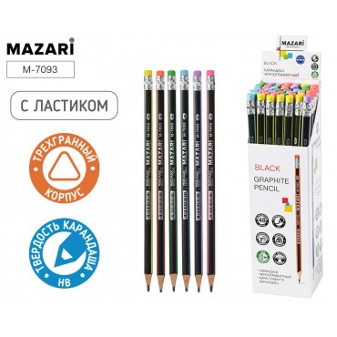 Карандаш чернографитный пластиковый BLACK, НВ, с ластиком, корпус трехгранный