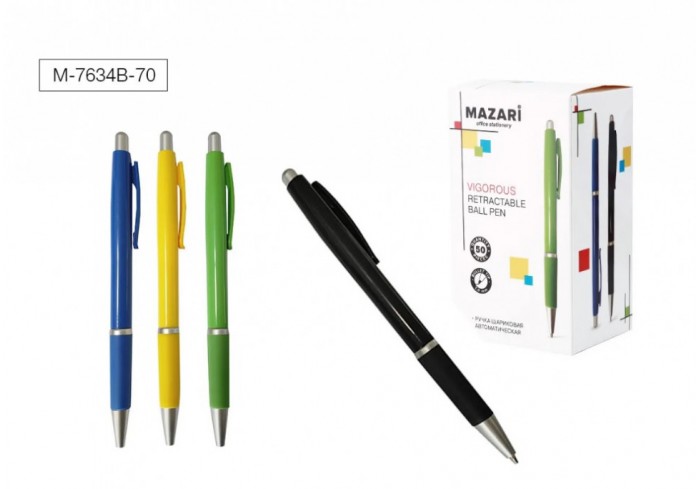 Ручка шариковая автоматическая VIGOROUS, СИНЯЯ, пулевидный пиш.узел 1.0мм, корпус пластиковый, ассор