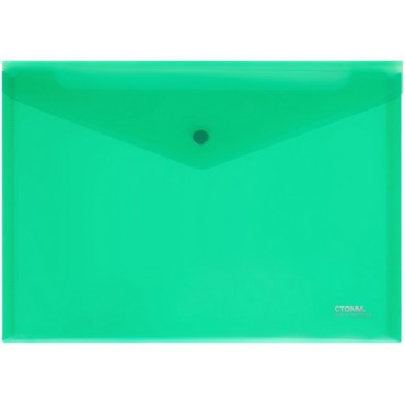 Папка-конверт на кнопке СТАММ А4, 180мкм, пластик, прозрачная, зеленая