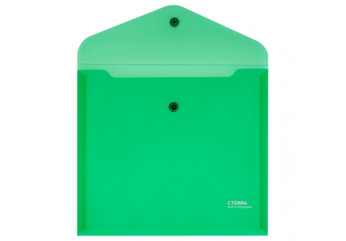 Папка-конверт на кнопке СТАММ А5+, 180мкм, пластик, прозрачная, зеленая