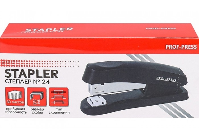 Степлер, №24, до 30 л., пластик./к., в карт. коробке, черный,