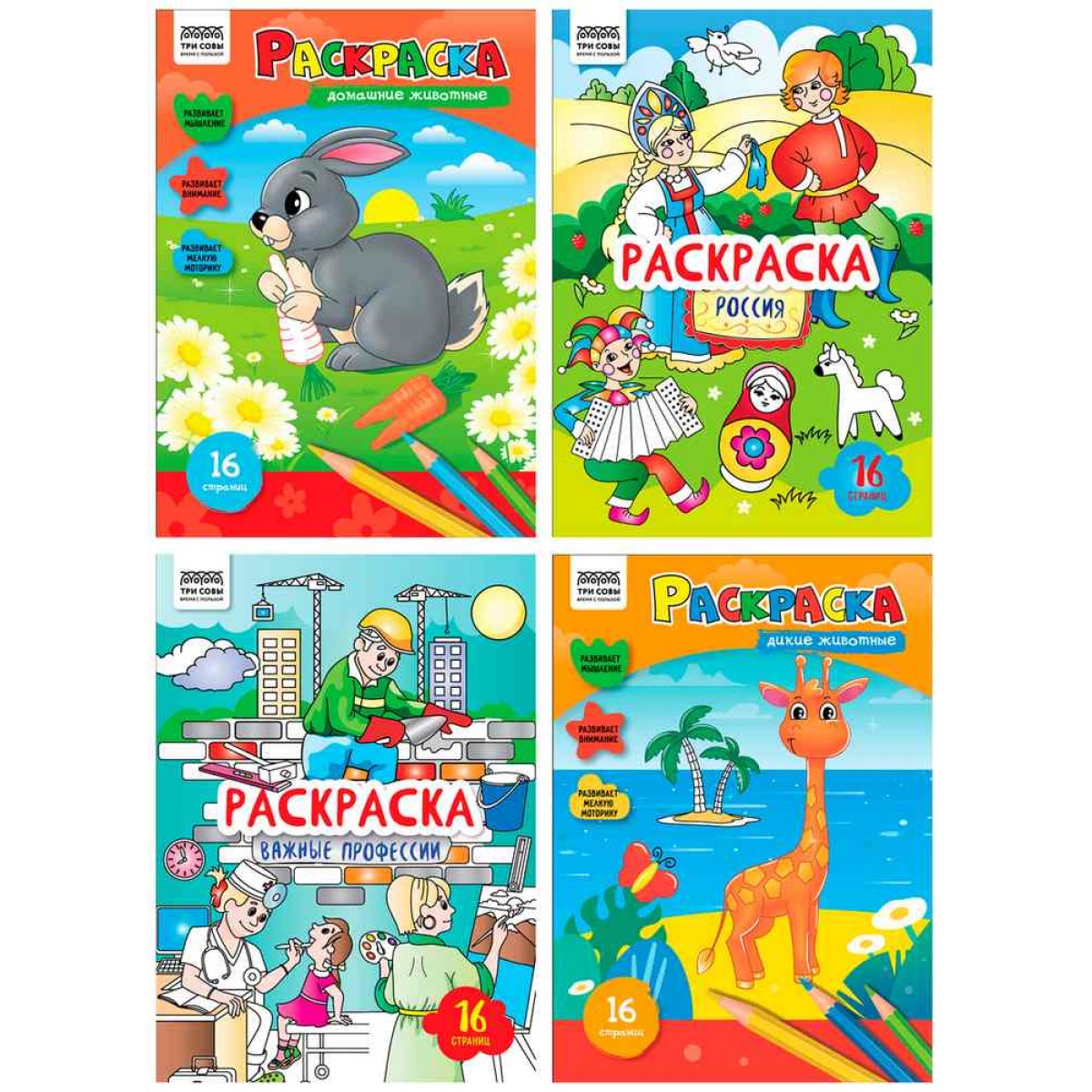 Раскраска А4, 16 стр., ТРИ СОВЫ 