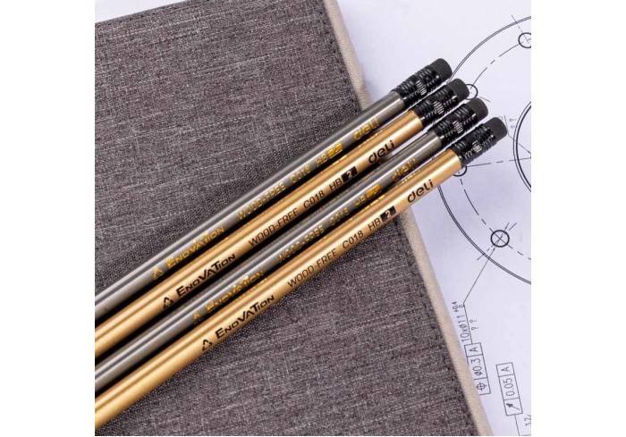 Карандаш чернографитный пластиковый Deli HB трехгранный с ластиком, цвет корп в ассорт