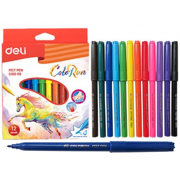 Фломастеры  12 цветов ColoRun, Deli, чернила смываемые, яркие цвета