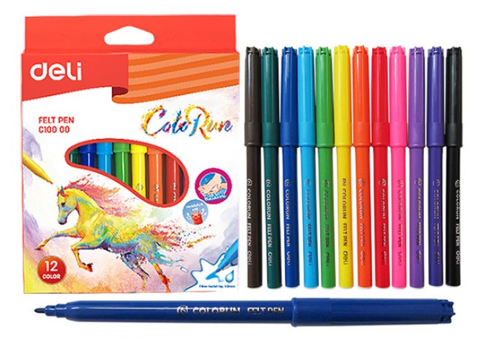 Фломастеры  12 цветов ColoRun, Deli, чернила смываемые, яркие цвета