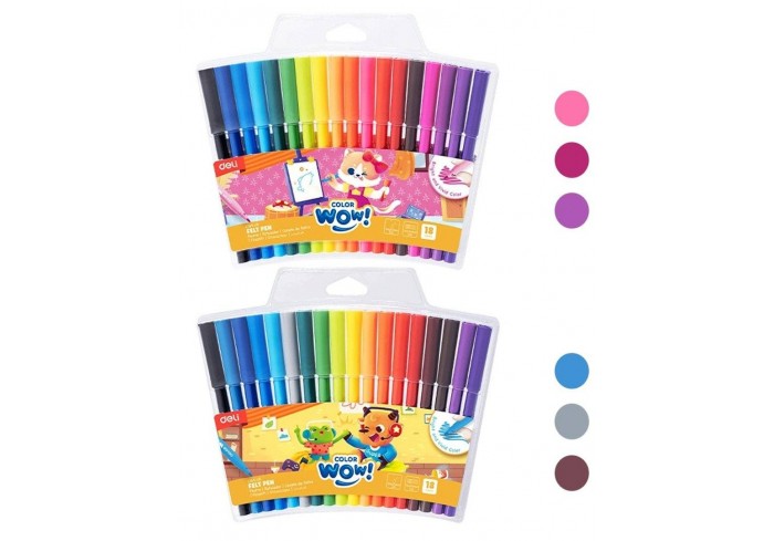 Фломастеры 18 цветов, COLOR WOW, смываемые, насыщенные цвета, Deli