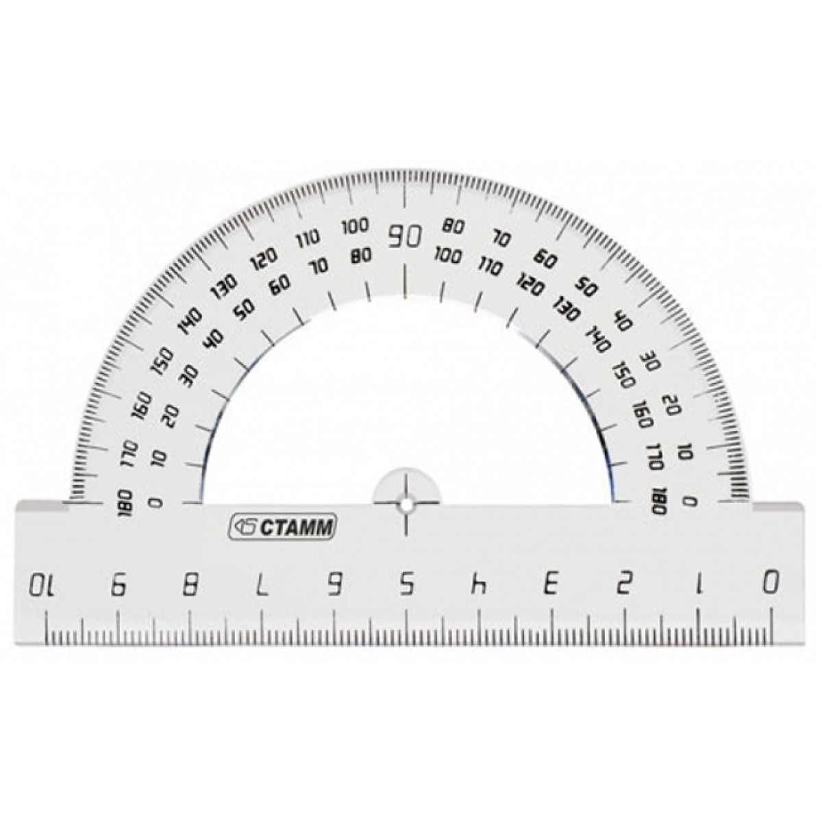 Транспортир 10см, 180° СТАММ, полистирол, прозрачный бесцветный